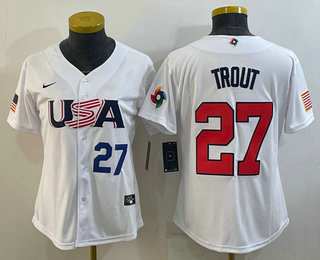 Women%27s USA Baseball #27 Mike Trout Number 2023 White World Classic Replica Stitched Jersey